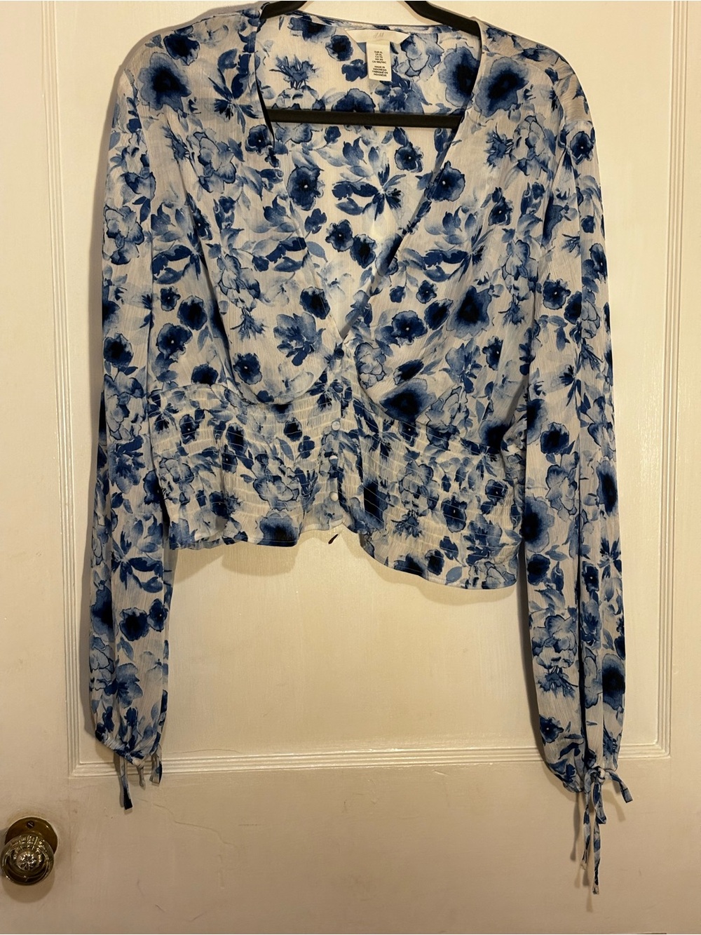 H&M Blue and White Floral V-Neck Wrap Blouse